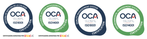 Cuatro sellos de certificación de OCA Global. Incluye los certificados en español e inglés para el Sistema de Gestión de la Calidad (ISO 9001), y el Sistema de Gestión Medioambiental (ISO 14001)